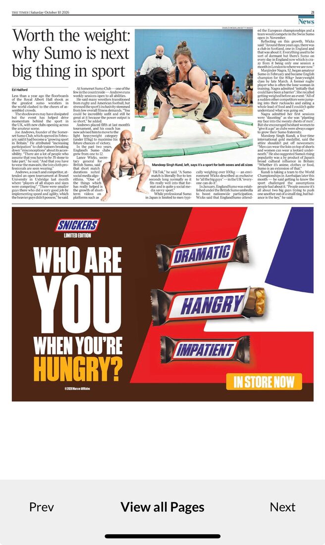 The Times print page from 10 October 2026 headlined “Worth the weight: why Sumo is next big thing in sport”.